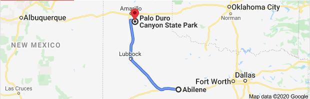 Map showing Abilene to Abilene State Park